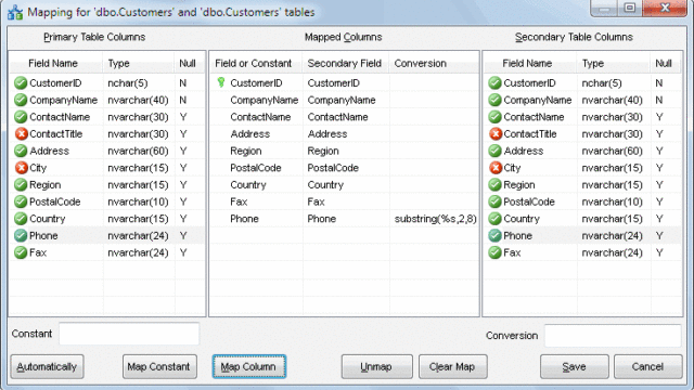 DTM Data Comparer: Column mapping