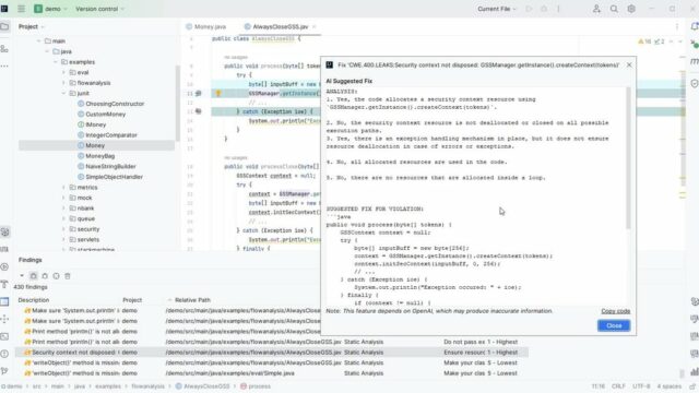 Jtest static analysis with AI suggested fixes