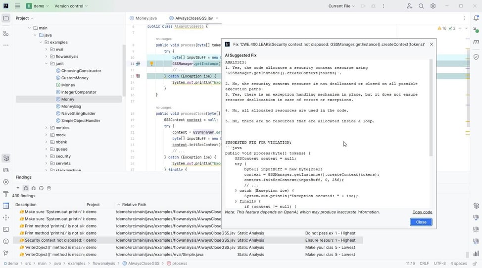 Jtest static analysis with AI suggested fixes